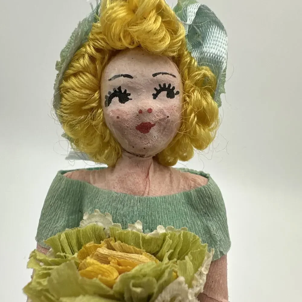 Vintage 1949 Crepe Paper Mache Bride+Groom Wedding Cake Topper Teal Gown